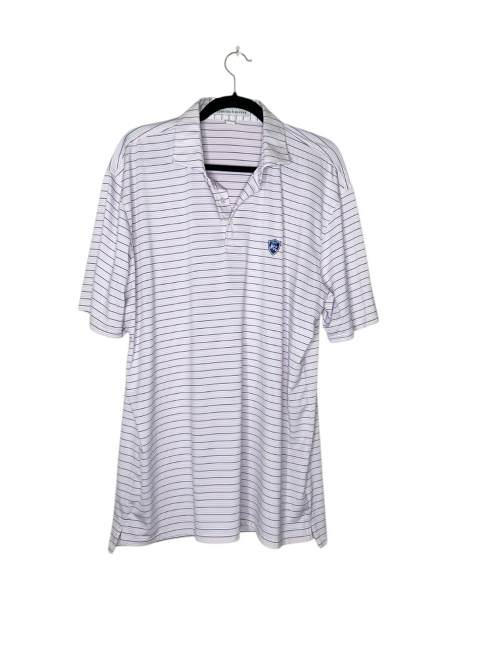 Men's Holderness & Bourne pink stripe Polo with Navy Pinstripes and Crest